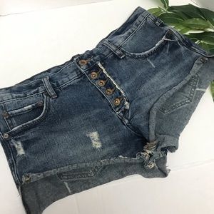Free People Distressed Short Shorts Button UP